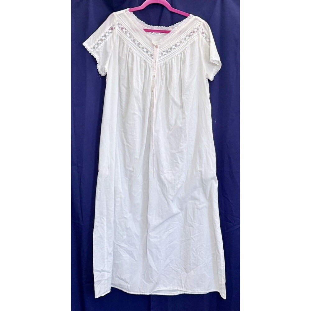 NWOT Vtg 80s Eileen West White Cotton Lawn Nightgown Pockets Lace L Prairecore - Picture 2 of 14